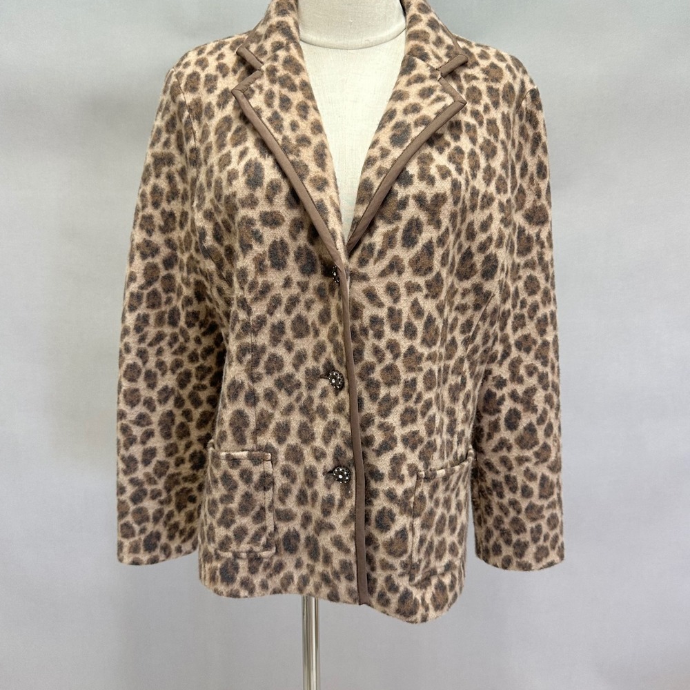 Talbots Leopard Print‎ Wool Blazer Jacket Size Large Brown Button Front Pockets